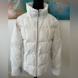 Fera Down Ski Puffer Jacket White Funnel Neck Hidden Hood Zippers Pockets Sz L